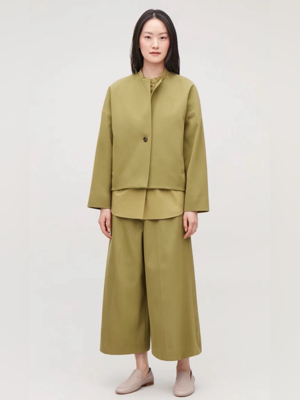 COS Boxy A-Line Cotton Jacket Olive Green Cropped Minimalist Size 8